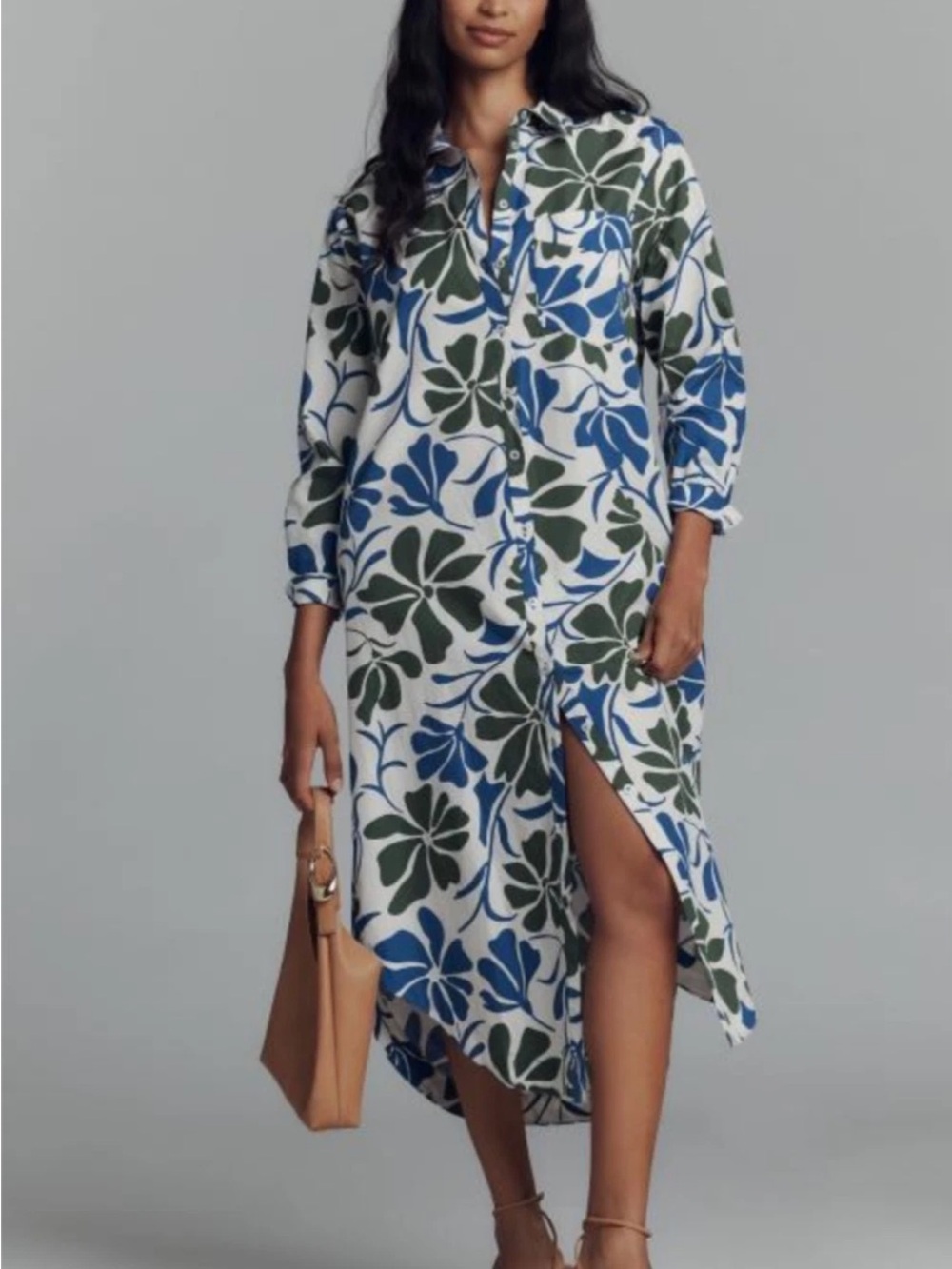Anthropologie Maeve Soren Blue & Green Floral Button-Front Shirt Dress